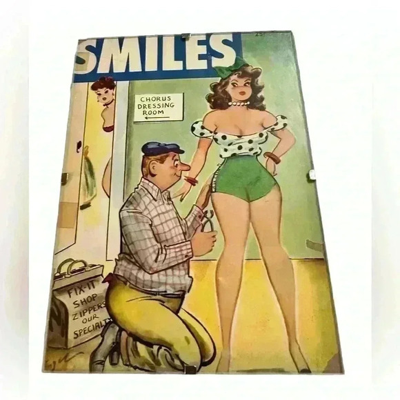 VINTAGE SMILES MAGAZINE MARCH 1958 HUMOR COMIC Glass Frame 5x7 Pinup - Picture 1 of 6